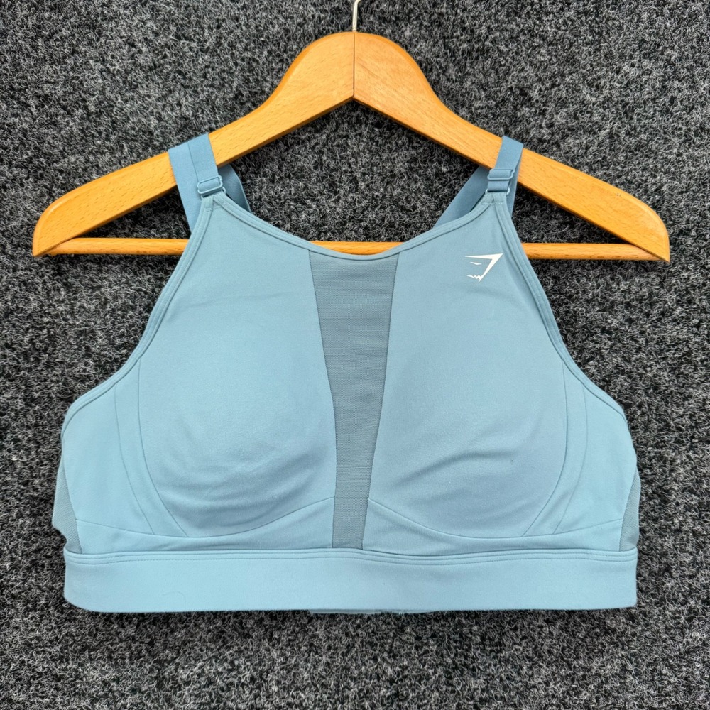 Gymshark High Neck Mesh Sports Bra Blue Padded Adjustable Straps Large GLSB4003